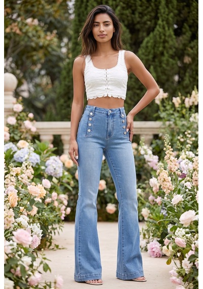 Soulshae Yüksek Bel Düğmeli Cepli Denim Pantolon Mavi