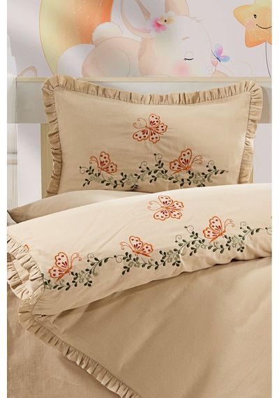 %100 Natural Pamuk Kelebekli Çiçekli Nakışlı Fırfırlı Bebek Nevresim Takımı Bej - 786931912 Bej