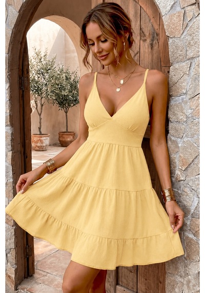 Bella Notte Bürümcük Sarı Sırt Dekolteli V Yaka Kadın Elbise