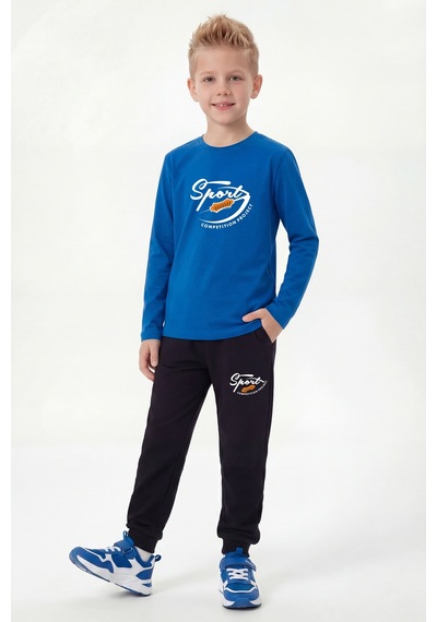 Panios Kids 3'lü Yuvarlak Yaka Sweatshirt Siyah Eşofmanlı Baskı Detaylı 6 Parça Erkek Çocuk Alt Üst Takım Saks Mavi