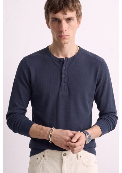 Barrels And Oıl Erkek Yaka Düğmeli Uzun Kollu T-shirt - İndigo İndigo