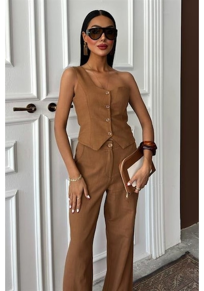 Moderie Butik Tek Omuz Büstiyer Plazzo Pantolon Viscon Takım 10159 Kahverengi