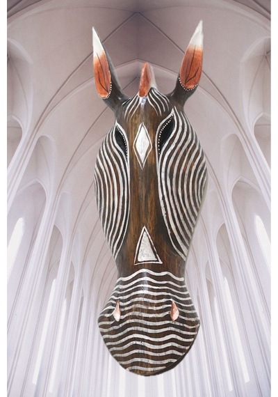 Ahşap Otantik Mask Ince Çızgılı Zebra 50cm Duvar Süsü Dekoratif Maske