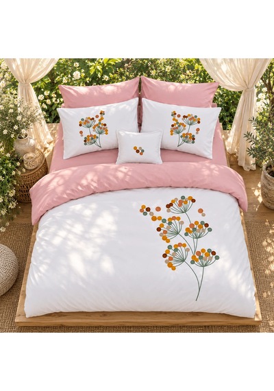 Azalea Nakışlı 7 Parça Çift Kişilik Nevresim Takımı Pudra-beyaz