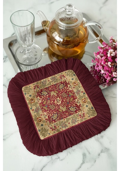 Saray İhtişamlı Saçaklı Sunum Peçetesi - Vintage Çiçek Motifli Bohem Bordo Bardak Altlığı Mendil Orman Beyaz