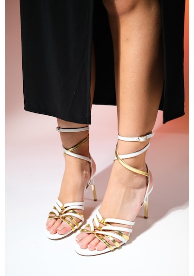 Luvishoes Bellon Beyaz Cilt Kadın Bilekten Bağlamalı Yüksek Topuklu Ayakkabı Beyaz