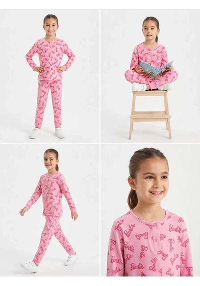 Veraura Lifestyle 6/14 Yaş Yazı Baskılı Pamuk Penye Çocuk Pijama Takımı Pembe