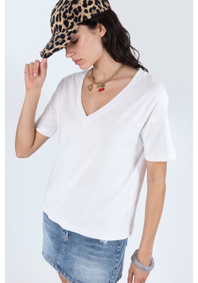Hiccup Busem V Yaka Düz Regular Fit Pamuk T-shirt Beyaz