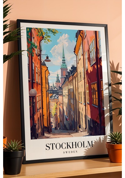 Stockholm Sweden Vintage Seyahat Posteri Çerçeveli Tablo - Premium Gamla Stan Elit Duvar Dekoru Siyah