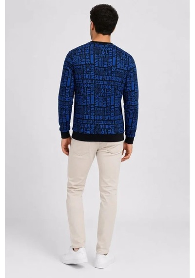Butik İstanbul Erkek Siyah Mavi Yazı Desenli İki İplik Şardonlu Sweatshirt Lacivert