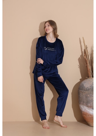 Lukitus Kadife Uzun Kol Kadın Pijama Takımı Lacivert