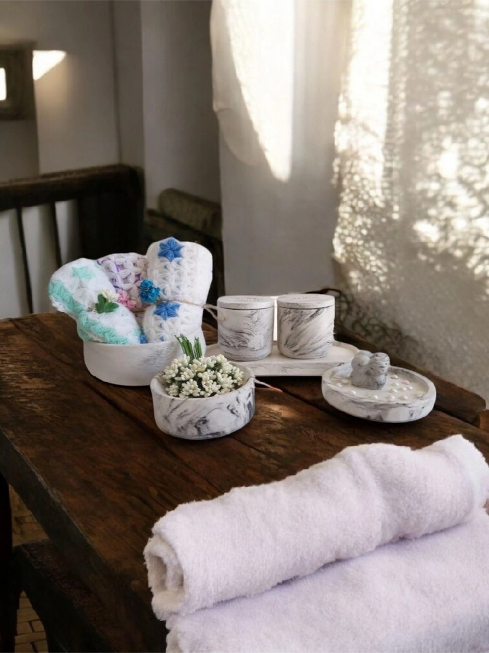 Organizerli,havluluklu, Banyo Seti, Sıvı Sabunluk Diş Fırçalığı Beton Aksesuar Takımı Gri