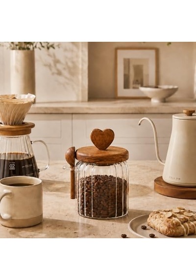 Akasya Kapaklı Cam Kavanoz 460 Ml Kaşıklı Hava Geçirmez Baharatlık Çay Kahve Şeker Saklama Kabı 7009