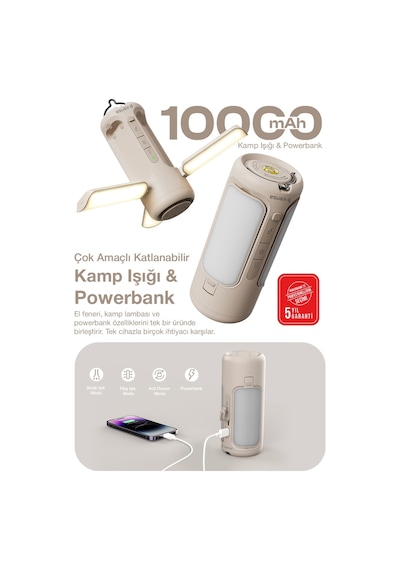 10.000 Mah Led Kamp Lambalı Powerbank Taşınabilir Aydınlatma Ve Hızlı Şarj Destekli Bej