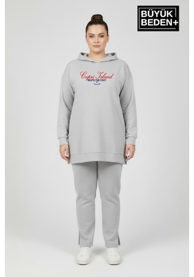 Süperlife Büyük Beden Kapşonlu Capri İsland Baskılı Tunik İnce Sweatshırt Spr26btk991-2 Grey Melange