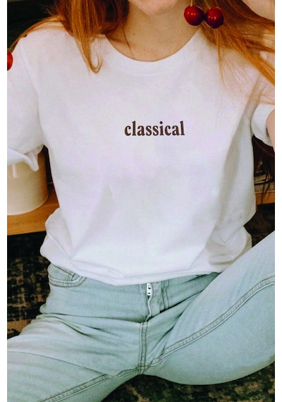 Unisex Classical Baskılı Oversize Tshirt Beyaz