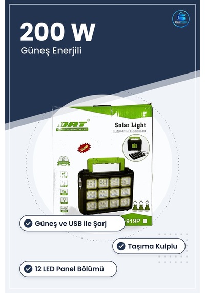 Solar Projektör 200 W Usb Şarjlı Güneş Enerjili Taşınabilir Led A