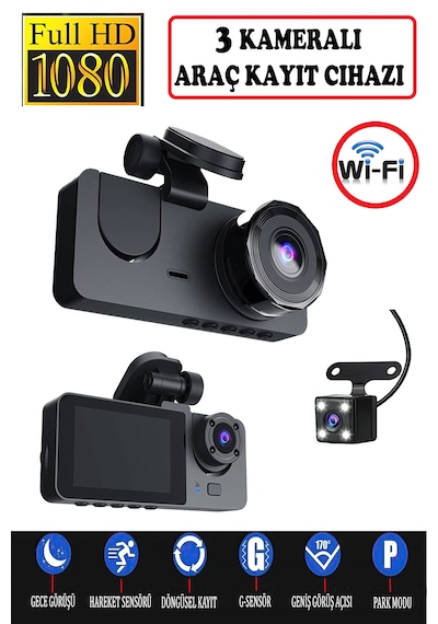 3 Kameralı /1080p Ultra Kaliteli/ Wifi Özellikli/g-sensör/gece Gö