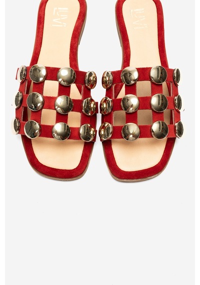 Luvi Shoes Bareon Kırmızı Süet Hakiki Deri Bantlı Altın Tokalı Kadın Terlik