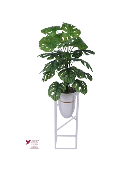 Yapay Çiçek Sitesi Metal Sütun Saksıda Premium 24 Yapraklı Yapay Monstera Deve Tabanı Ağacı 120 Cm Yeşil