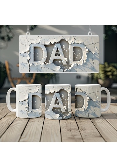 3d Görünümlü Dad Yazılı Kupa Bardak Taş Duvar Desenli Baba Hediyesi Kabartmasız Beyaz