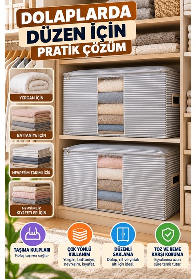 Gri Çizgili Mega Boy Pencereli Hurç 100x50x50 Cm Yorgan Battaniye Kıyafet Saklama Düzenleyici Hurç