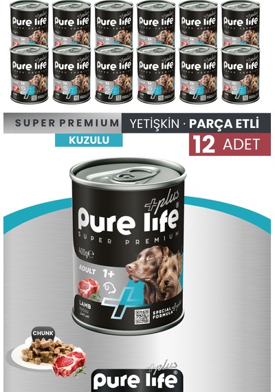 Purelife Plus 12'li Kuzulu Yetişkin Köpek Konserve Chunk Parça Etli Yaş Mama 400 G