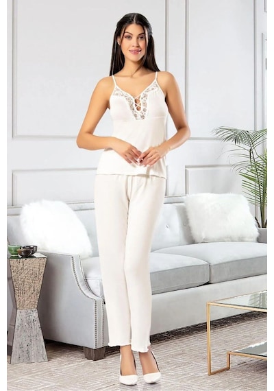 Faal 8903 Kadın Sabahlıklı Pijama Takımı-ekru Ekru