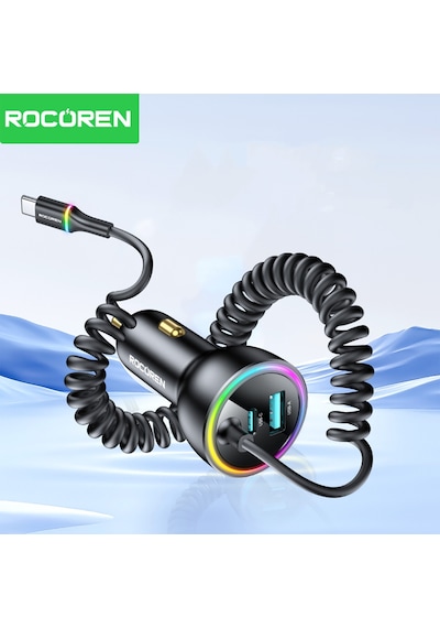 Rocoren 70w 3 Portlu 2 Type-c 1 Usb-a Spiral Kablolu Led Işıklı Araç İçi Hızlı Şarj Cihazı