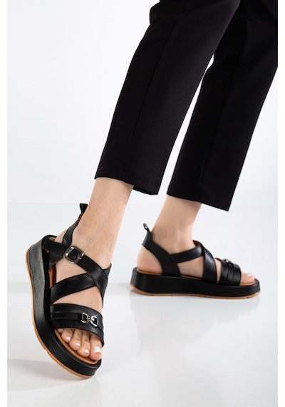 Analin Shoes Kadın Hakiki Deri Çapraz Bilekten Bantlı Günlük Sandalet Siyah