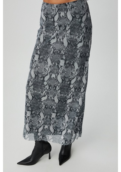 Grimelange BEULAH Kadın Maxi Boy Slim Fit Beli Lastikli Tül Batik Desenli Yılan Desenli Etek
