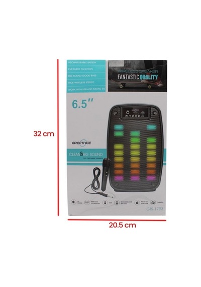 Gts-1793 Bluetooth Speaker Mikrofonlu Taşınabilir Şarjlı Kablosuz Hoparlör Rgb Fm Radyo Hafıza Kartı Ve Usb Girişli Led Işıklı 10w Parti Speaker