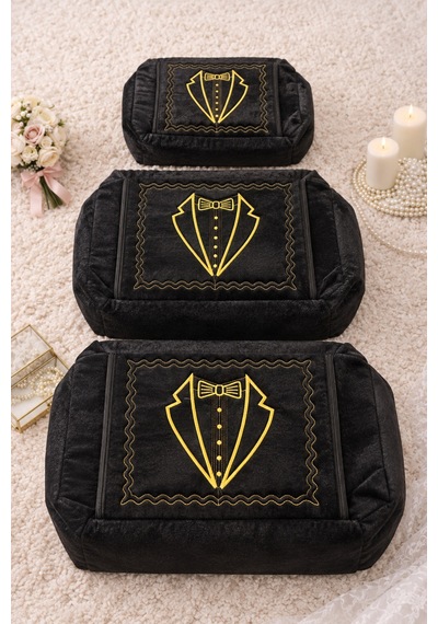 3'lü Gelindamat Figür Fransız Güpür Çeyizlik Bohça Söz Nişan Gelin Damat Hurç Seti 60x40/50x40/40x30 Siyah