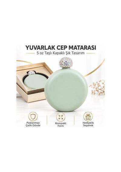 Lüks Taş İşlemeli Renkli Paslanmaz Çelik İçki Matarası 5 Oz 150 Ml. Cep Çanta Kamp Outdoor Hediyelik Yeşil