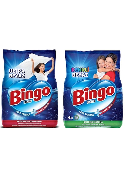 Bingo Matik Ultra Beyaz 4 Kg Ve Renkli Beyaz 4 Kg Toz Çamaşır Deterjanı 2 Li Set
