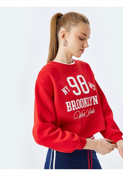 Koton Şardonlu Kolej Baskılı Bisiklet Yaka Crop Sweatshirt Kırmızı 5sal10444ık Kırmızı