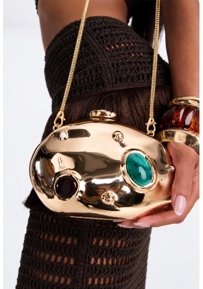 Aylesh Gold Metalik Taş Detaylı Zincir Askılı Clutch Çanta Altın Altın