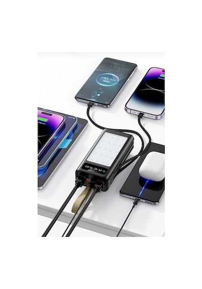 Pw-85 30.000 Mah Powerbank Lcd Göstergeli 4xusb Dahili Type-c Lightning Kablolu 20 Led Fenerli Hızlı Şarj Çok Renkli