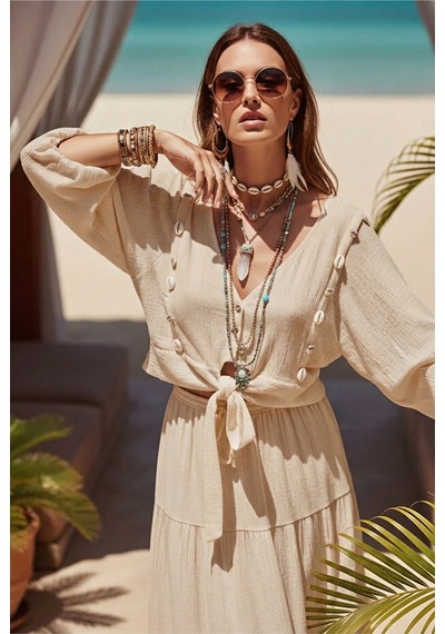 Fashion Cocktail Midye İstiridye Deniz Kabuğu V-yaka Bağlamalı Crop Dizaltı Lastikli Etek Bluz Sahil 2li Bohem Takım Açık Bej Fashion Cocktail Midye İstiridye Deniz Kabuğu V-yaka Bağlamalı Crop Dizaltı Lastikli Etek Bluz Sahil 2li Bohem Takım Açık Bej