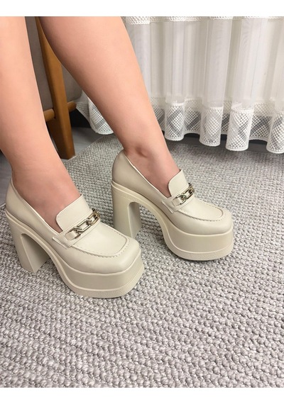 Asmi Shoes Kadın Mila Bej Kare Toka Loafer Model 12 Cm Platform Topuklu Ayakkabı