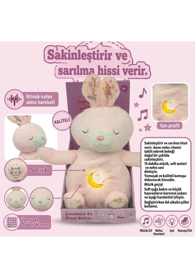 Nefes Alan Işıklı Ve Müzikli Uyku Arkadaşı Peluş Tavşan- Sakinleştirici Bebek Oyuncağı Lisinya Pembe