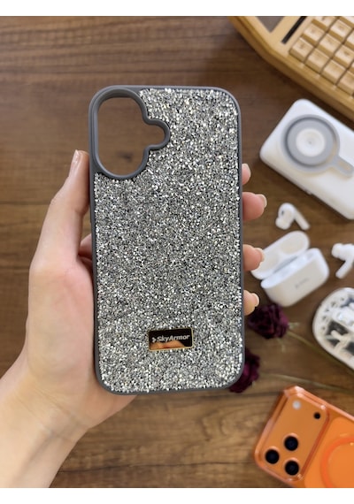 Samsung A07 Uyumlu Kadife İç Yüzey Tasarımlı Taşlı Işıltılı Parlak Pırlanta Kılıf Dia Plus Gri