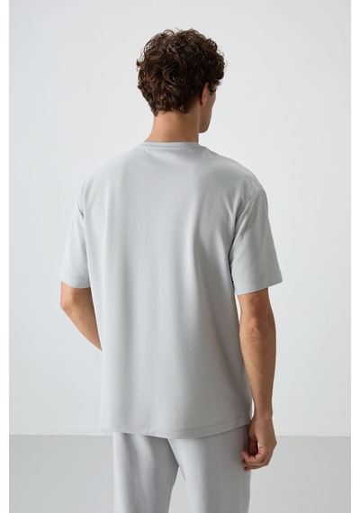 Air Jones Tommy Life Taş Pamuklu Kalın Yüzeyi Dokulu Oversize Fit Baskılı Erkek T-shirt - 88364 Taş