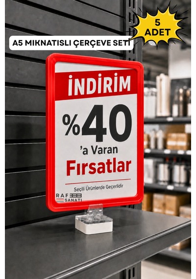 5 Adet - A5 Mıknatıs Tutuculu Fiyatlık Etiketlik Dikey Yatay Ve Bilgilendirme Çerçevesi Kırmızı