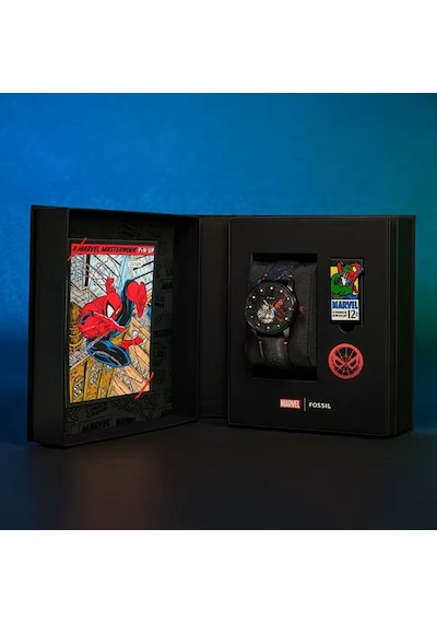 Fossil Fle1247set Marvel X Fossil Limited-edition Spider-man Erkek Kol Saati Ve Yaka İğnesi Seti Siyah