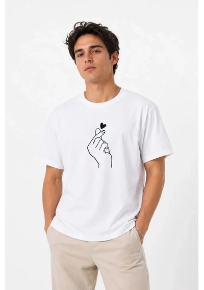 Defymoda Erkek Kore Parmak Kalp Aşk Temalı Minimal Baskılı Tişört Yazlık Kısa Kol T-shirt - Beyaz