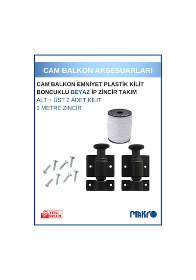 Cam Balkon Kilidi Emniyet Plastik Kilit Boncuklu Beyaz Ip Zincir Takım Seti