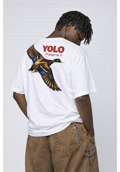 Yolo Street Yolo Preserve It Baskılı Oversize Beyaz Tişört %100 Pamuk Unisex Beyaz
