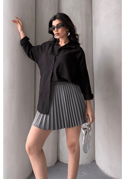 Paw Garage Kadın Harper Çift Cepli Oversize Keten Gömlek, 2025 Summer Collection Siyah