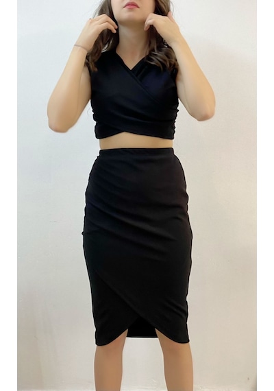 Mois Atelier Siyah Etek Crop İkili Takım, Tasarım, Hediye, Büyük Beden Siyah